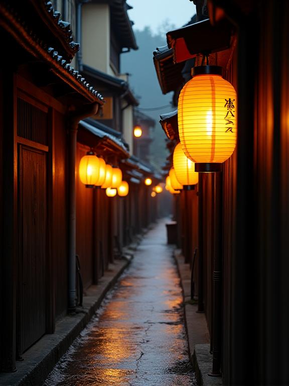 京都の狭い路地に並ぶ伝統的な提灯